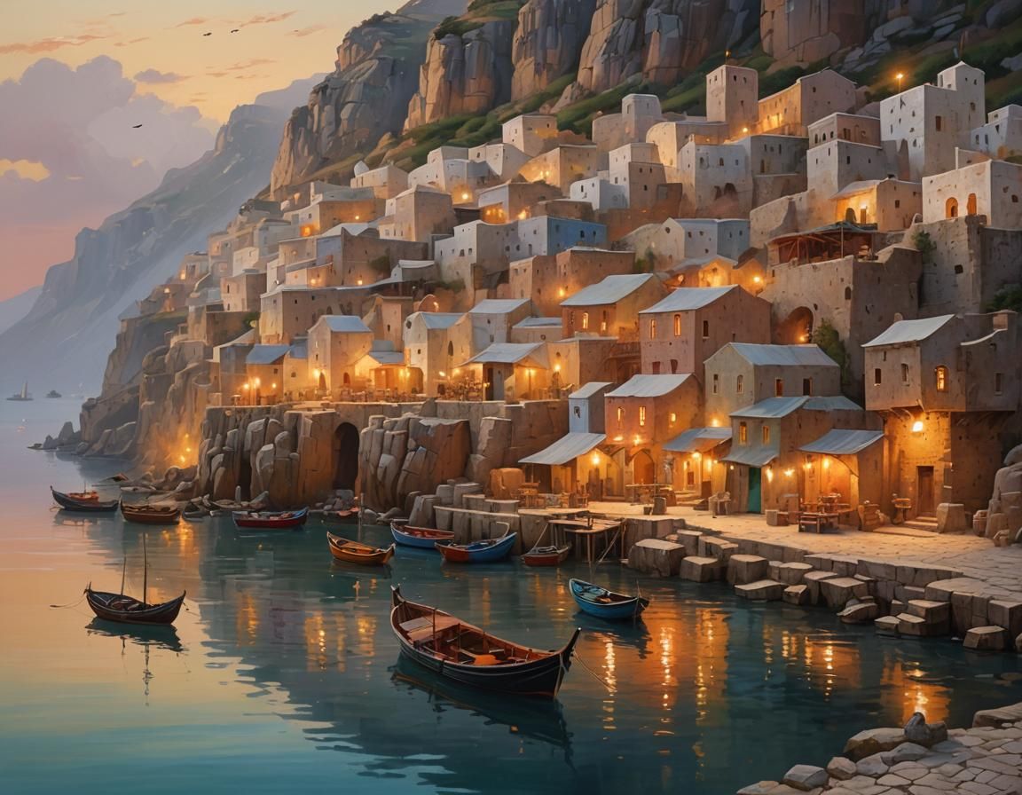Arabian Seaside Village at Sunset: A Vibrant Oil Painting