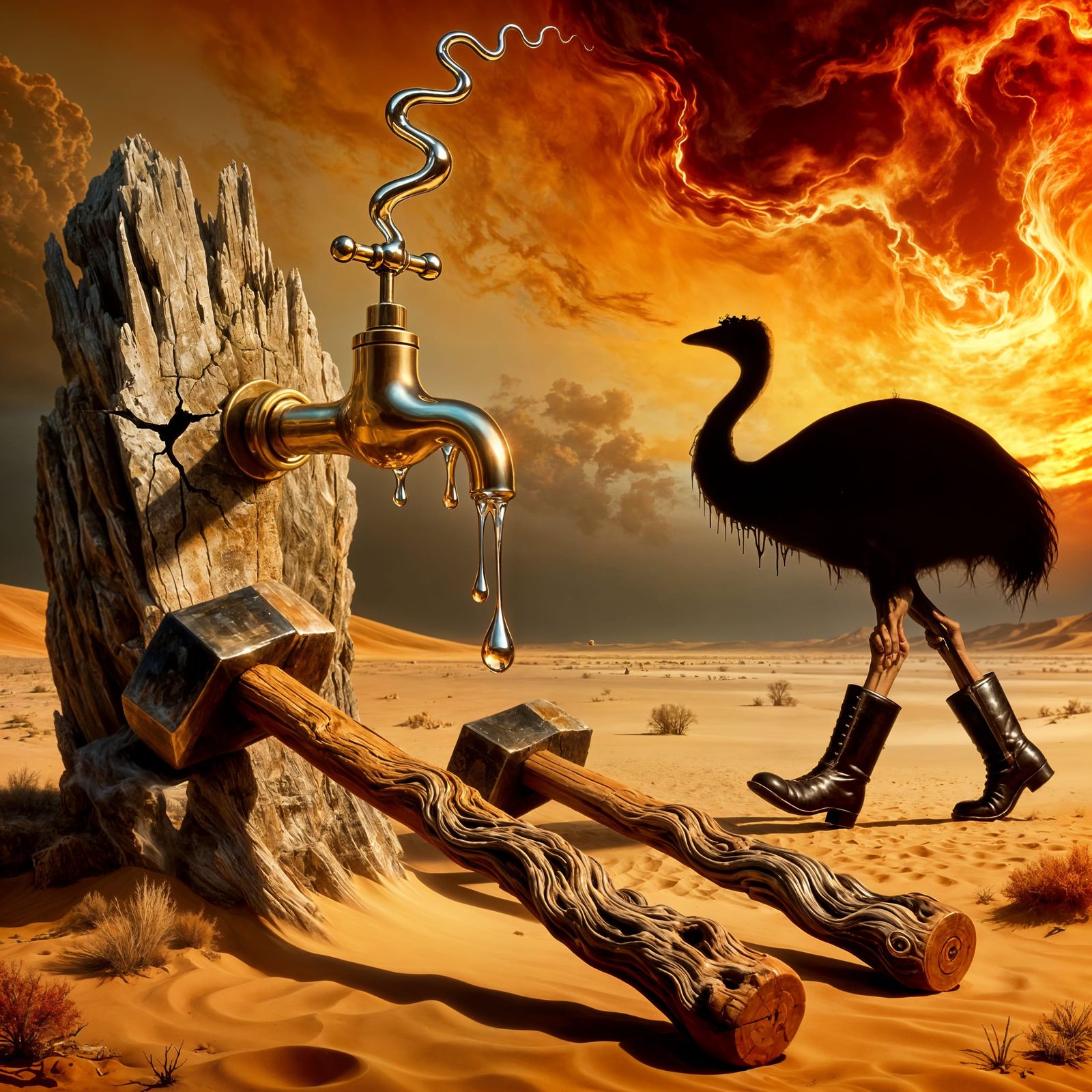 Surreal Desert Scene with Dripping Tap and Marching Hammers