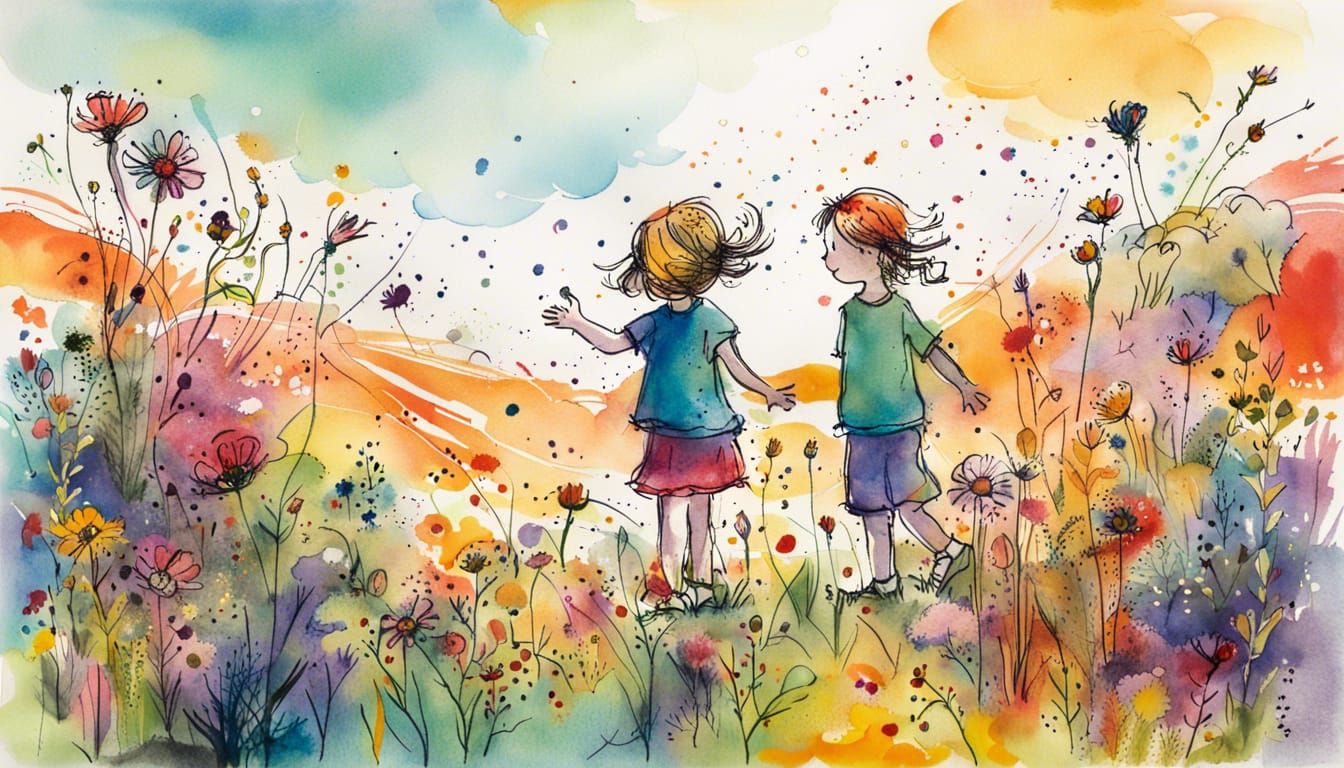 Children in Summer Meadow, Quentin Blake Style