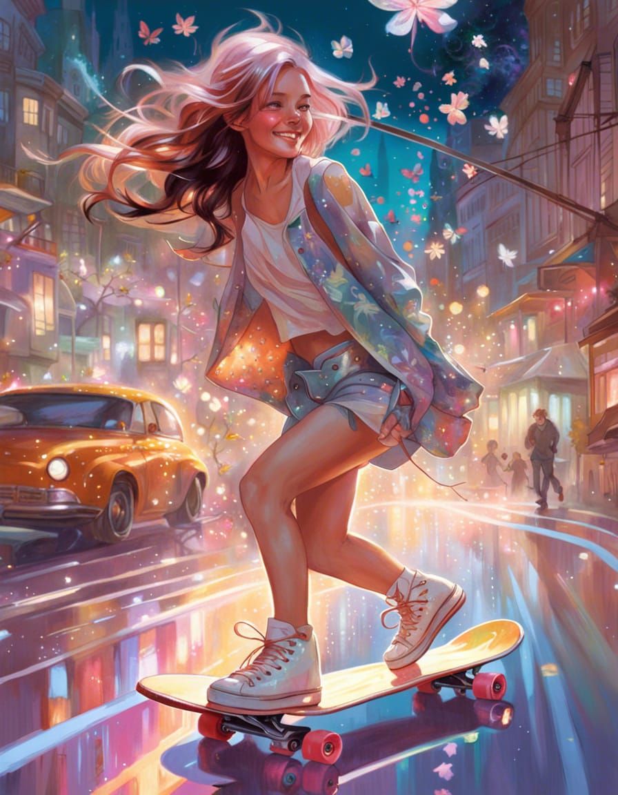 Fairy Skates on Magical Street, Digital Art