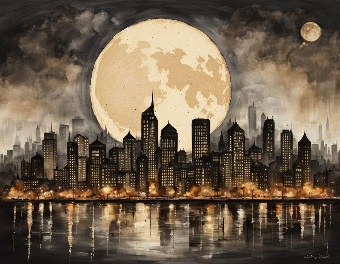 Tea-Stained Quarter Moon Cityscape