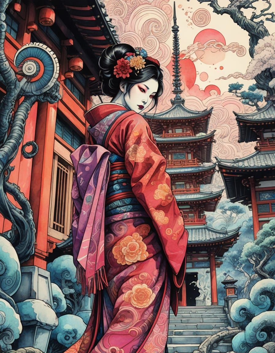 Geisha Samurai Fantasy Painting with Psychedelic Style