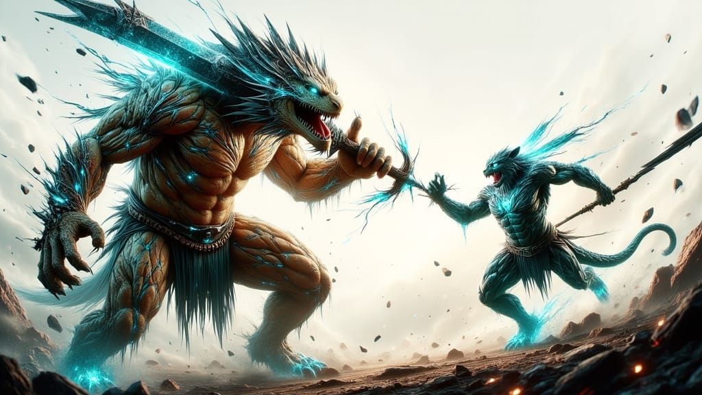 Reptilian Gladiator vs Jaguar Warrior in Spiritual Void