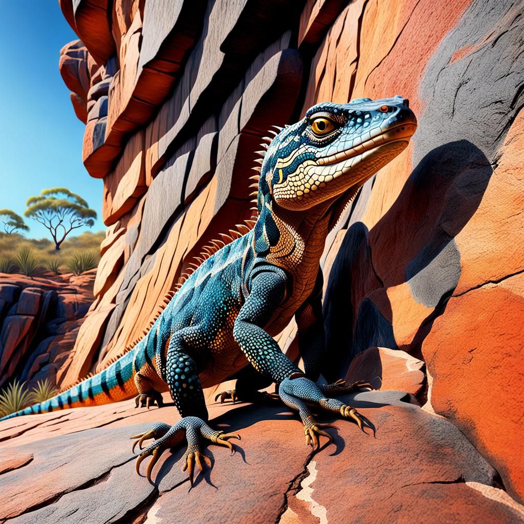 Goanna Lizard Crawling Past Aboriginal Rock Art
