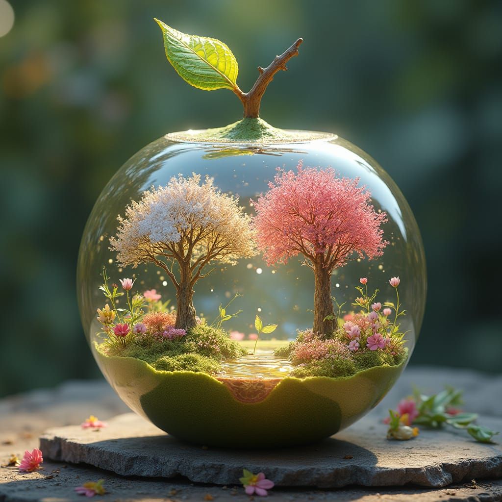 Mystical Garden Inside a Glass Fruit in Iridescent Water