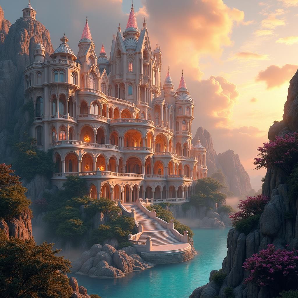 Dreamlike Mega-Mansion Facade at Golden Sunset