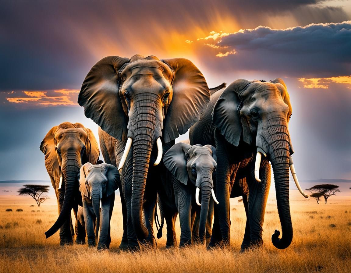 Elephant Family in Golden Light, Wildlife Photography