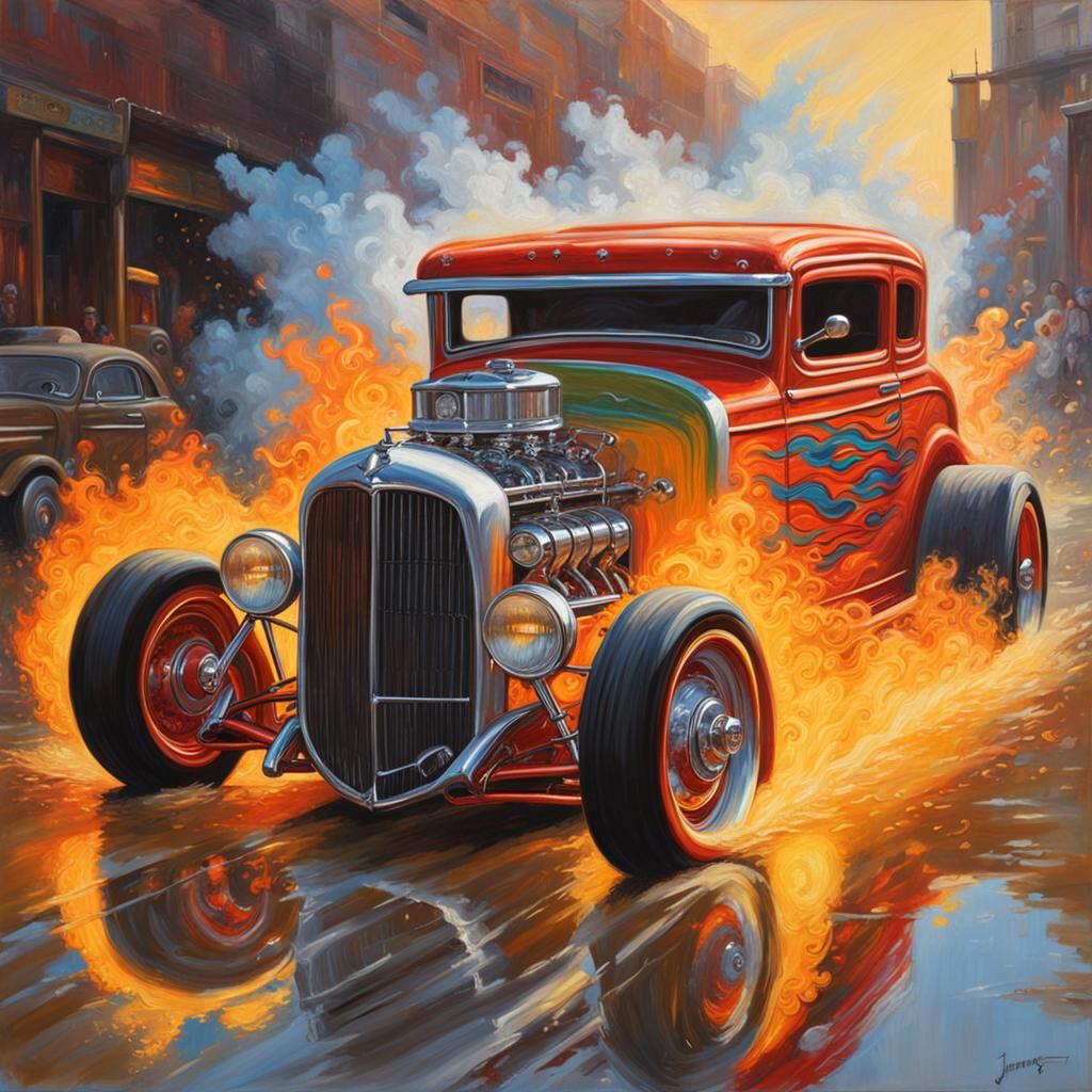 Flaming Hotrod in Hyperrealistic Splash Art Style