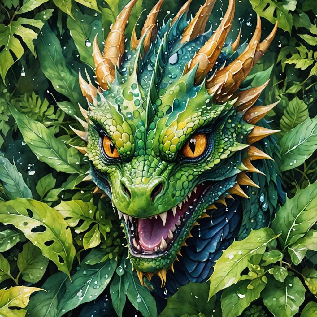 Watercolor Dragon Face in Lush Greenery