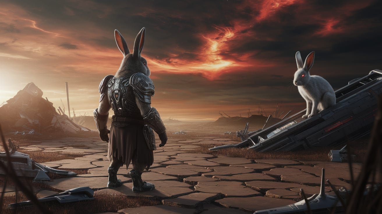 Grizzled Rabbit Warrior with Cybernetics in Alien Landscape