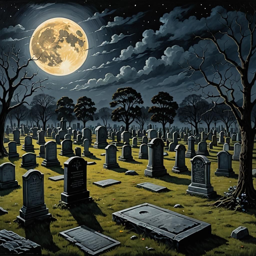 Night Graveyard With Full Moon in Mixed Media