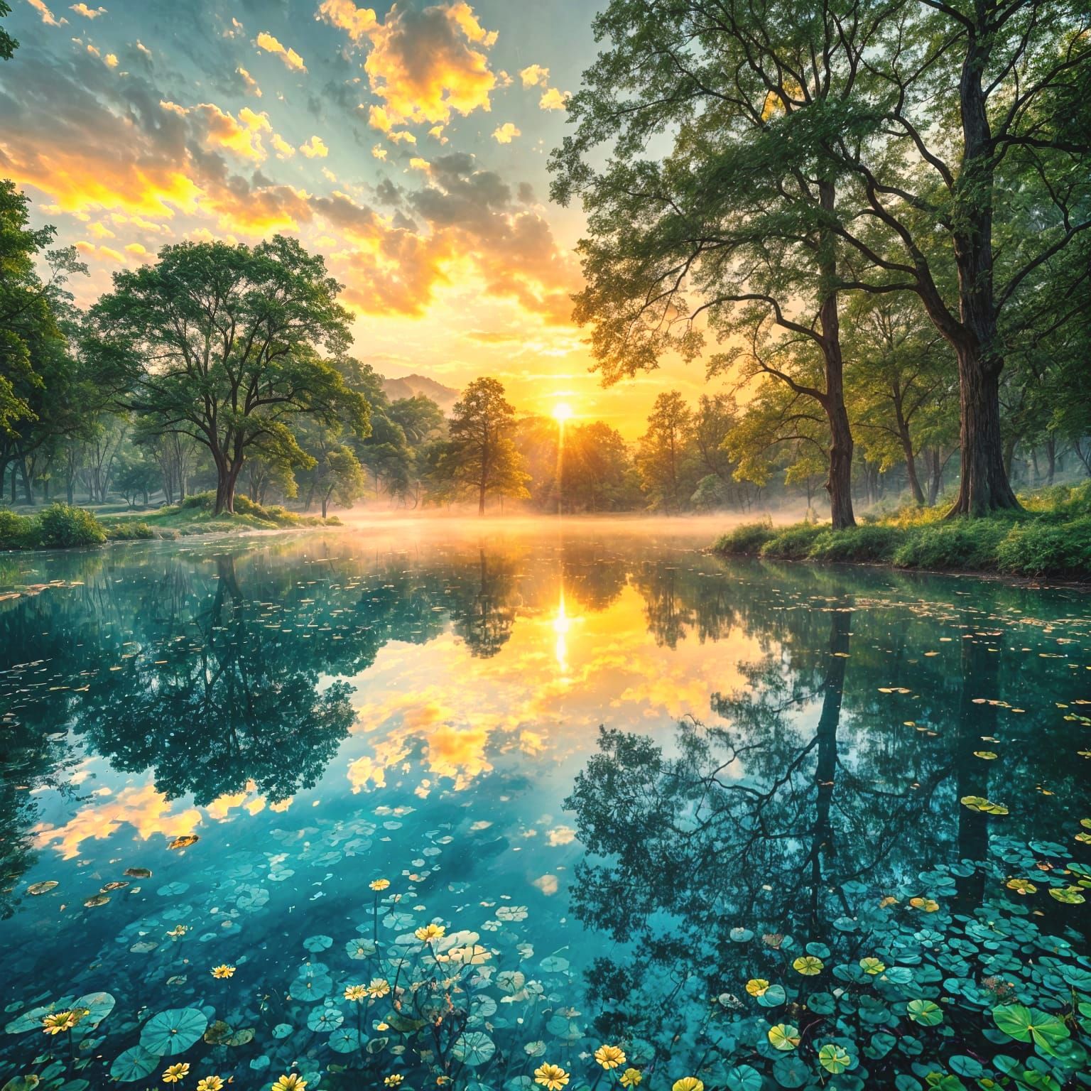 Scenic Pond Sunrise in Hyperrealistic Style