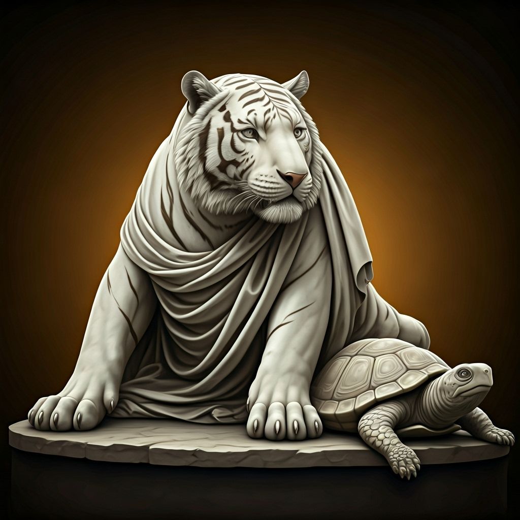 Marble Tiger and Turtle: Classical Roman Statue Style