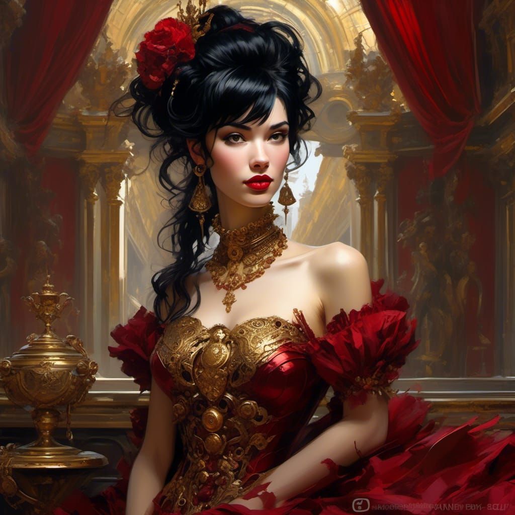 Punk Queen with Black Hair in Rococo Style