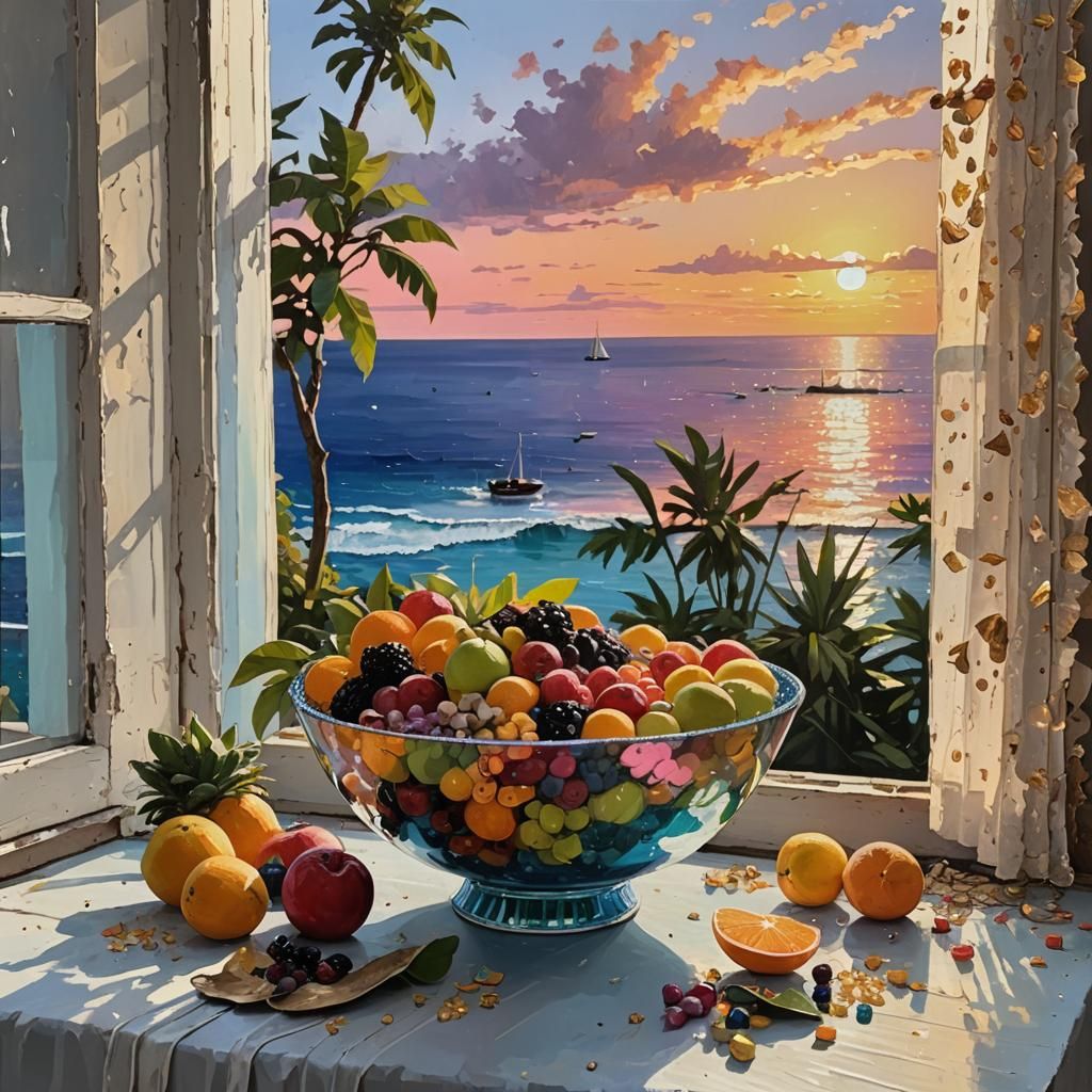 Fruit Bowl at Sunset: Mixed Media Art