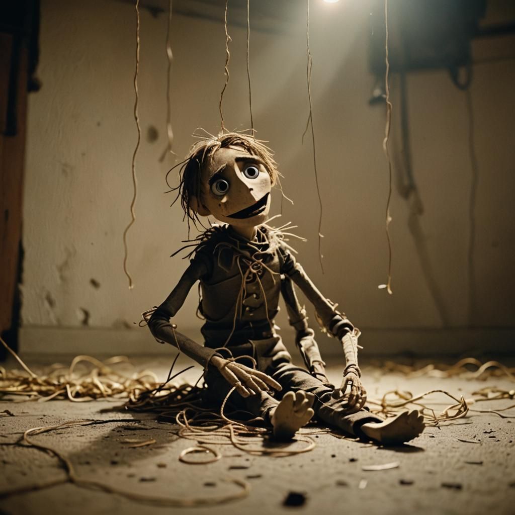 Sorrowful Puppet with Tangled Strings in Cinematic Style
