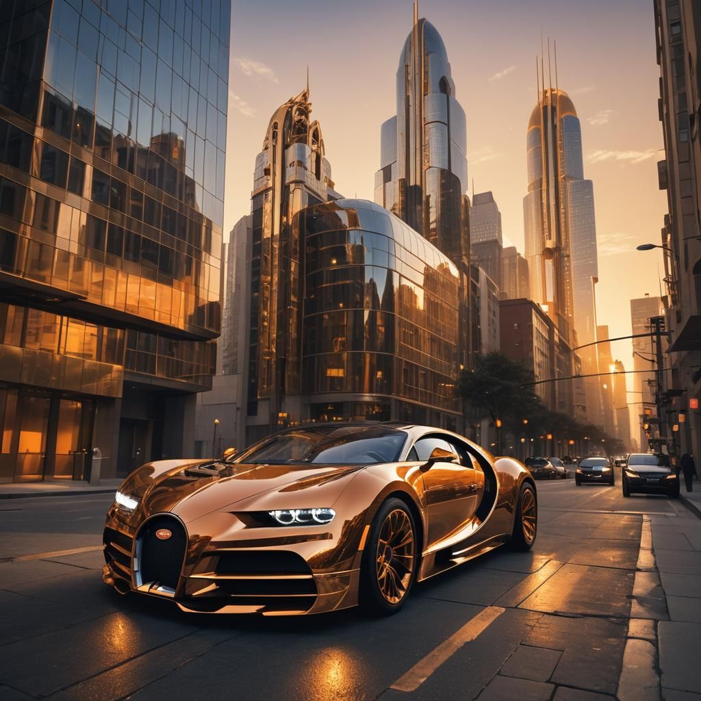 Futuristic Bugatti Concept Art in Golden Cityscape
