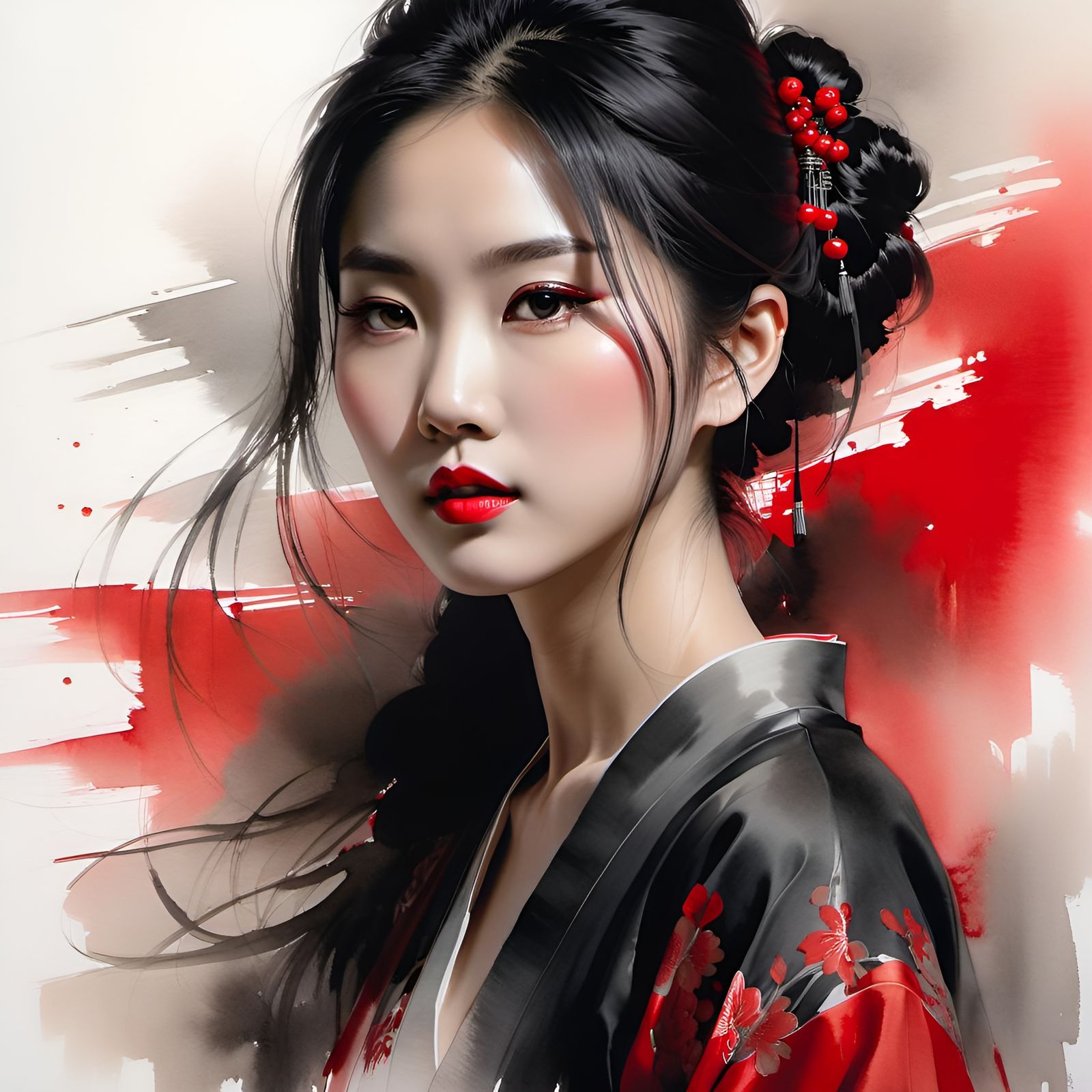 Striking Portrait of Asian Woman in Ink Wash Style