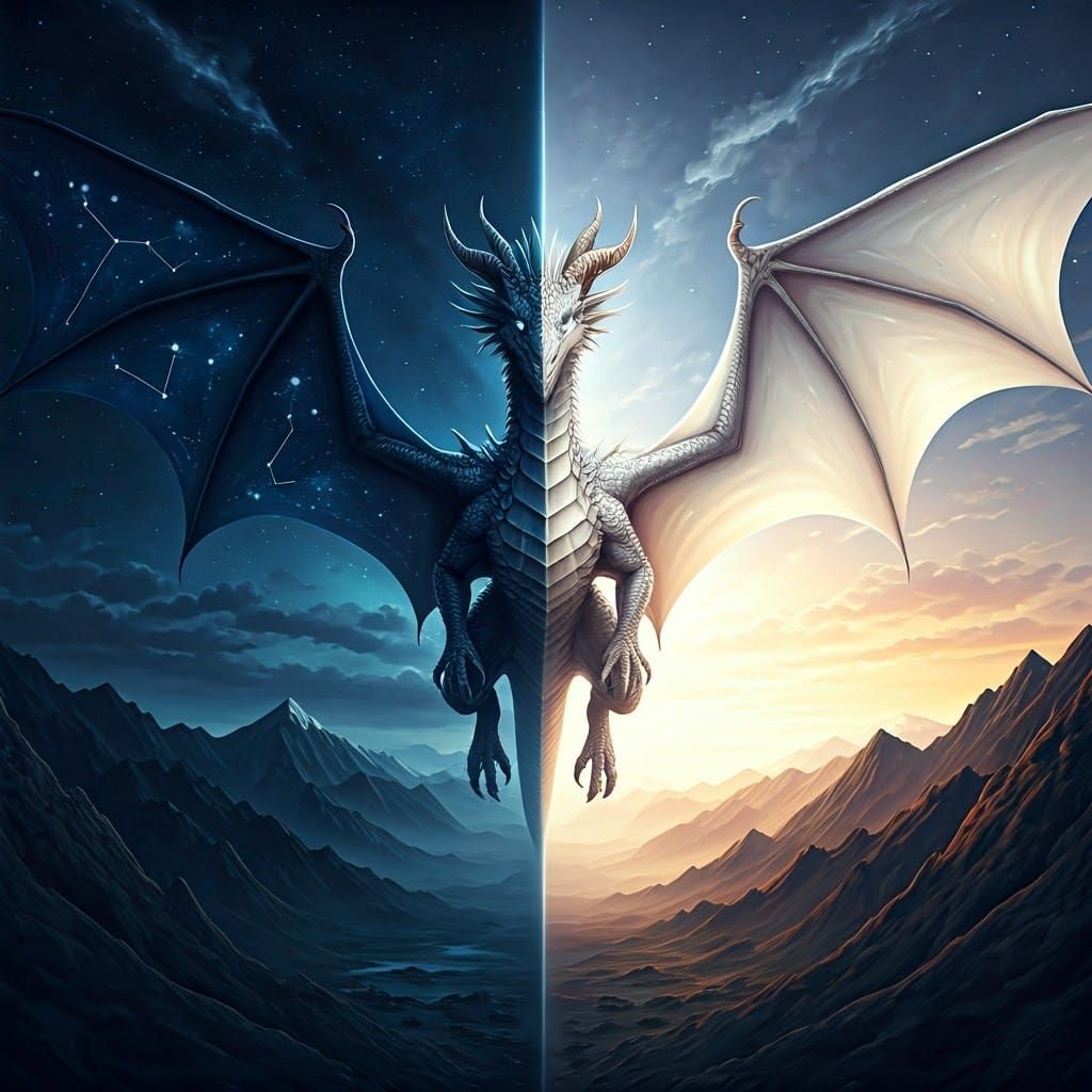 Dragon Splits Day and Night with Celestial Scales in Fantasy...