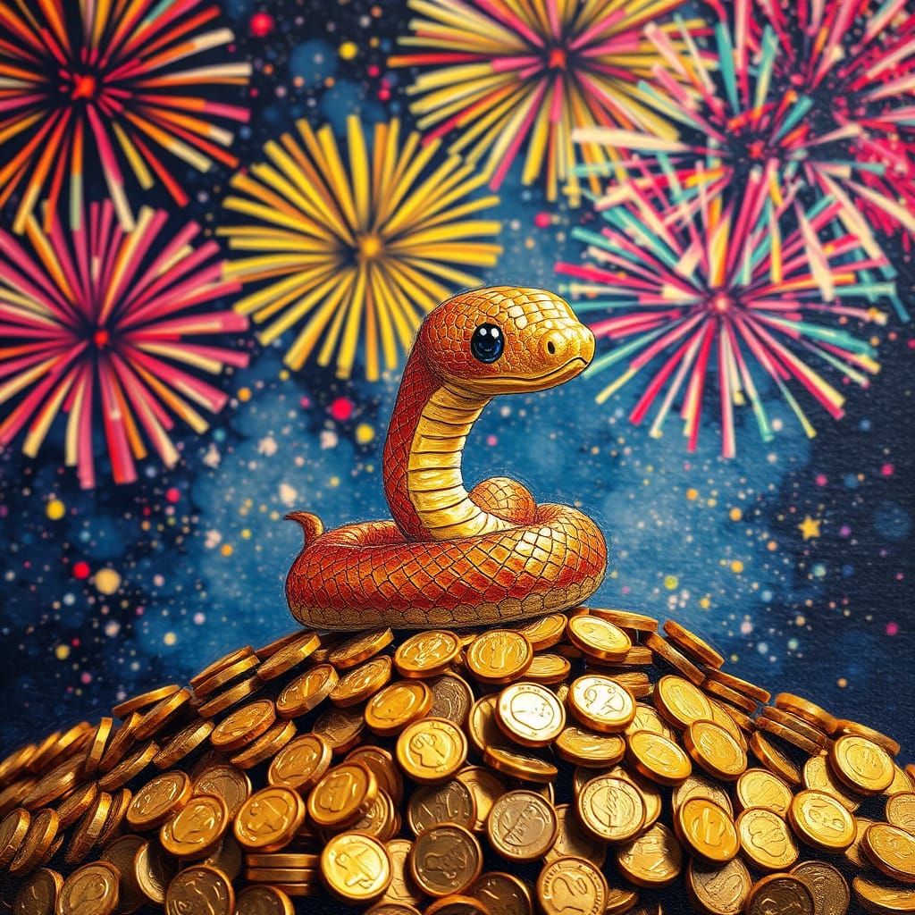 Chibi Snake on Gold Coins Amidst Vibrant Fireworks