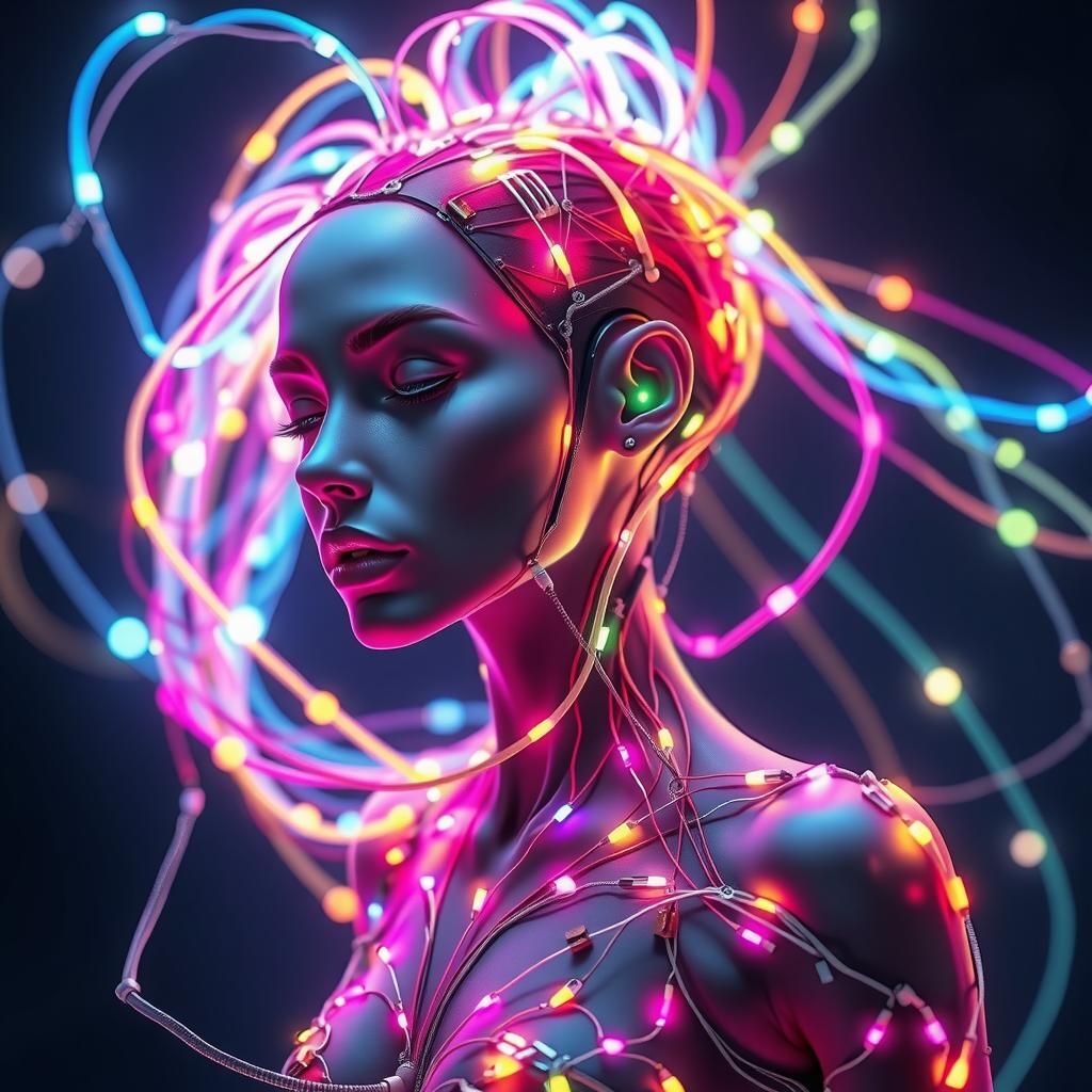 Cybernetic Woman with Glowing Wires in Cyberpunk Style