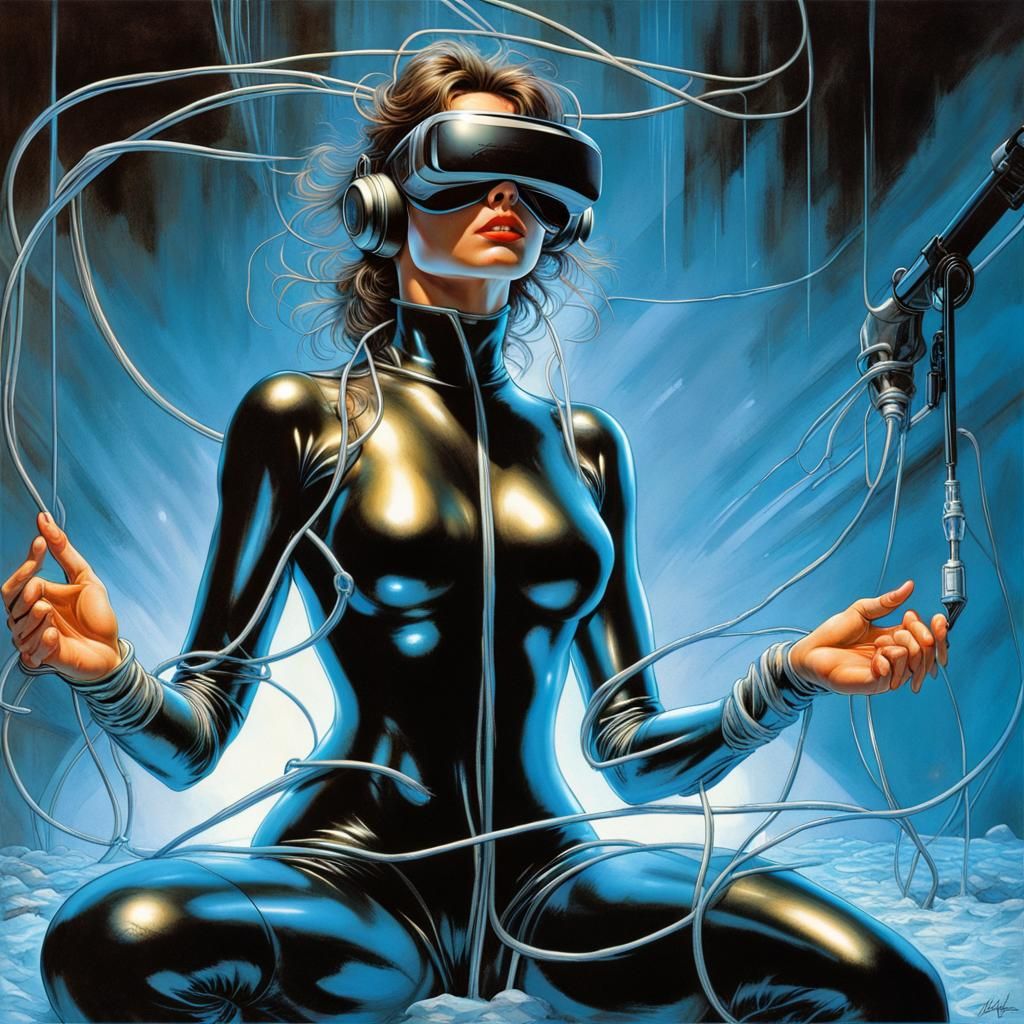 Woman in VR Goggles Submerged: Cyberpunk Comic Art
