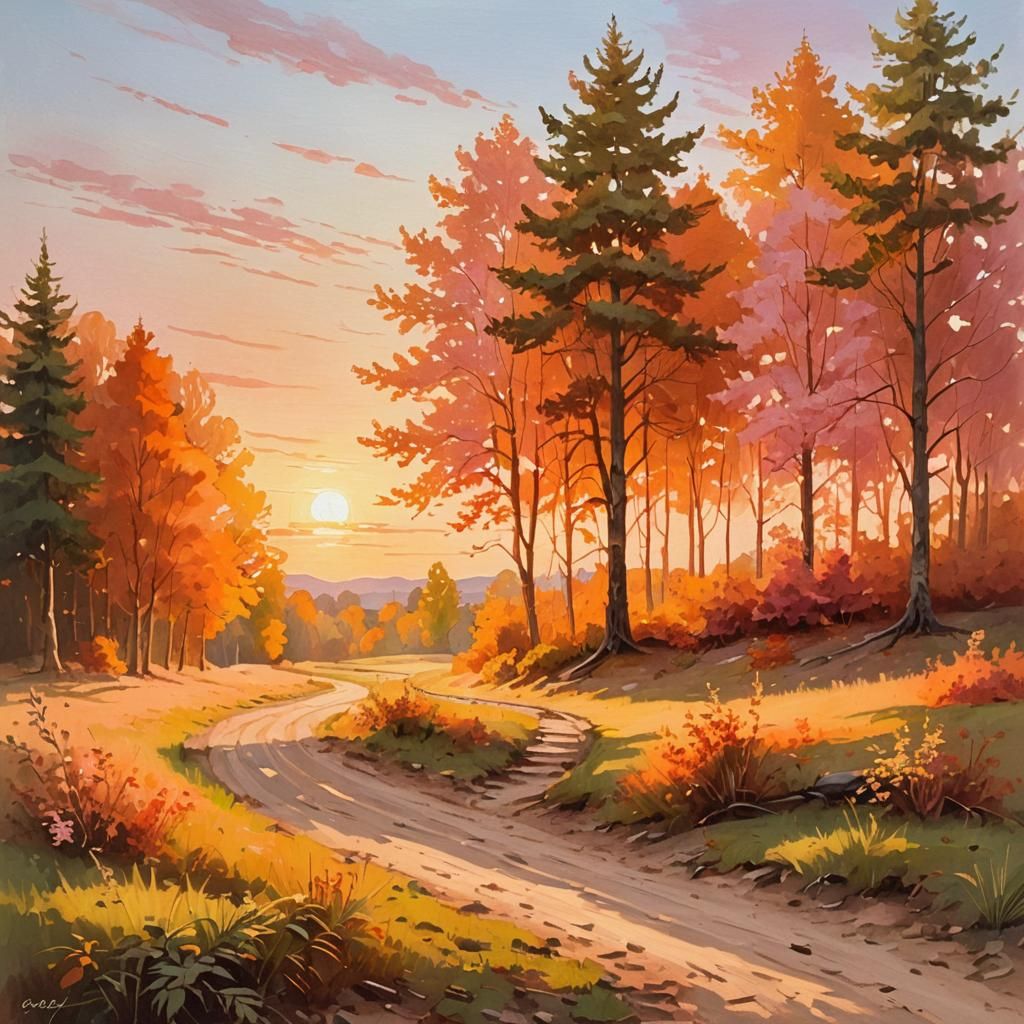 Autumnal Path to Sunset: Impressionist Landscape