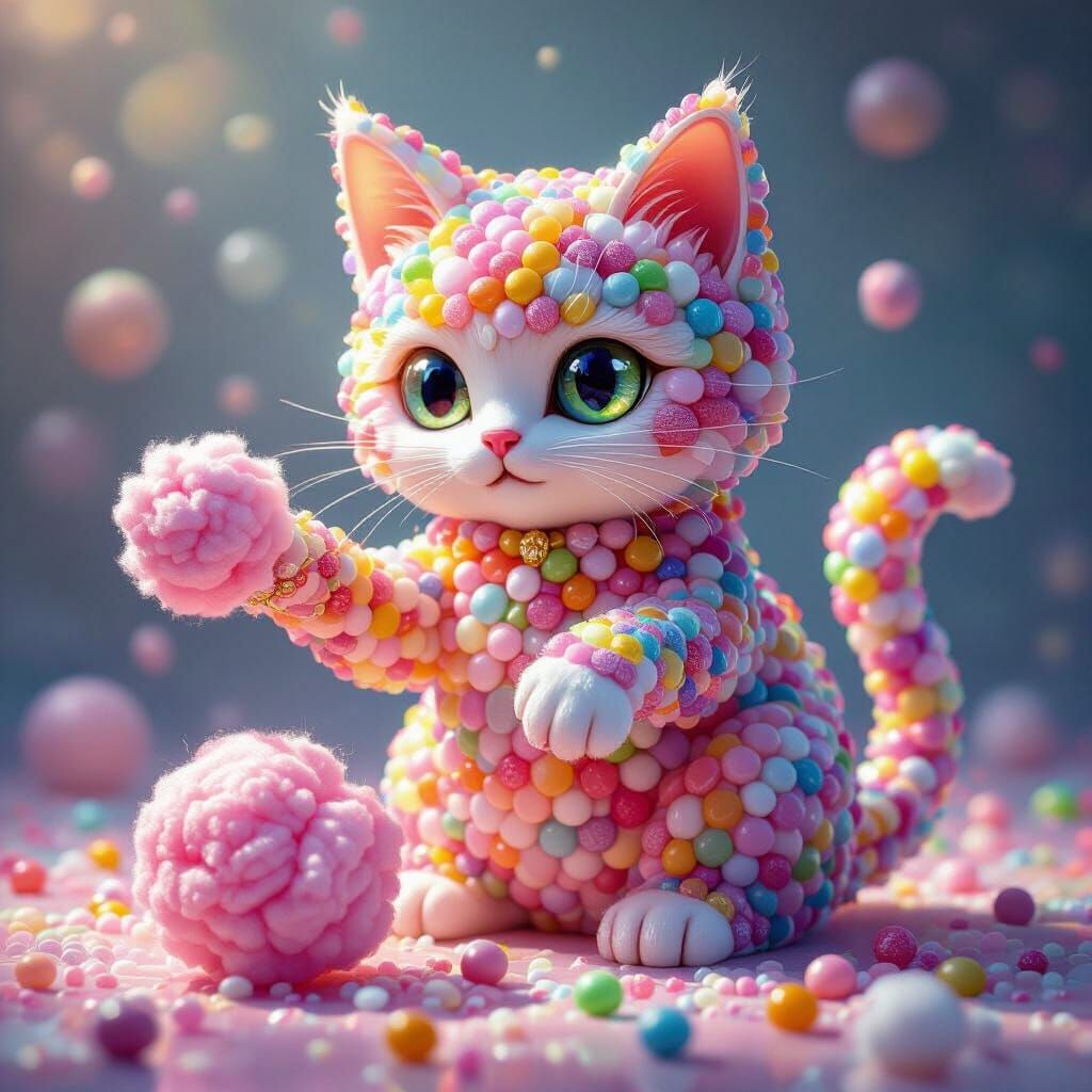 Candy Cat Playing with Cotton Candy Yarn in Dreamlike Style