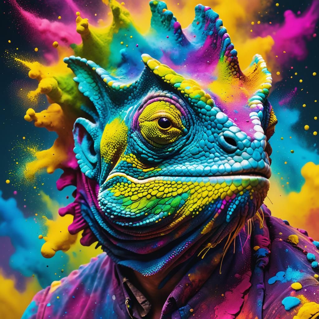 Colorful Chameleon Holi Portrait in Meta Surrealism