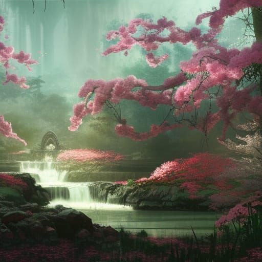 High Gothic Water Garden in Crimson Sakura Forest