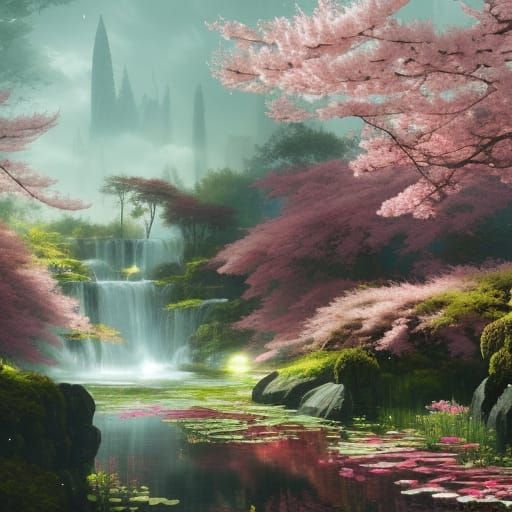 High Gothic Colorful Water Garden in Crimson Sakura Forest
