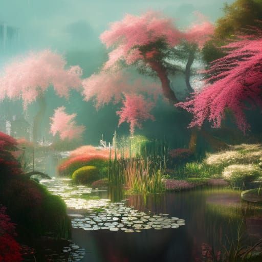 Gothic Crimson Sakura Water Garden in Dark Fantasy Style