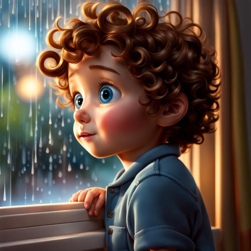 Adorable Boy Gazing at Rain, Pixar-Style Illustration