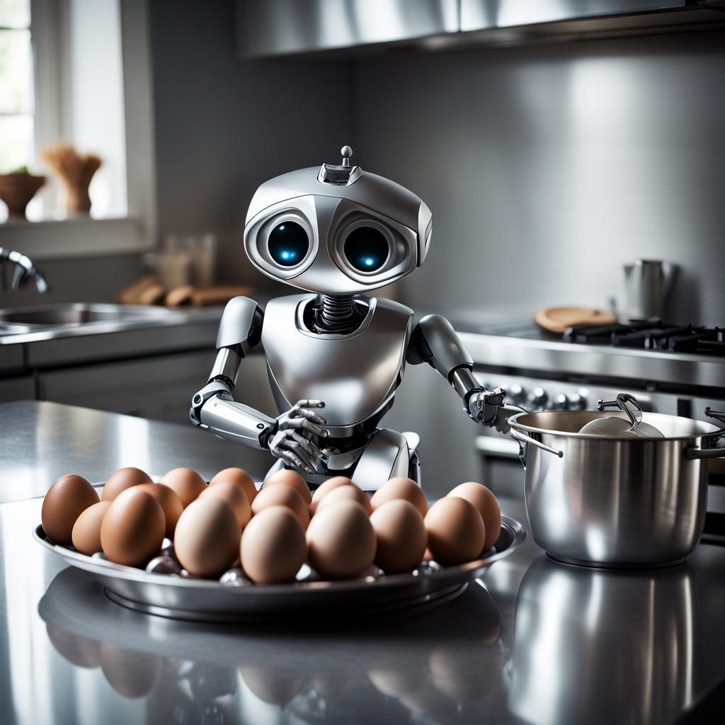 Metallic Robot Cooking Eggs in Silver Kitchen