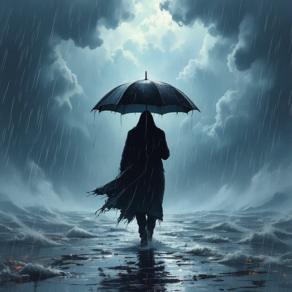 Resolute Figure Braving Storm in Dramatic Engraving Style