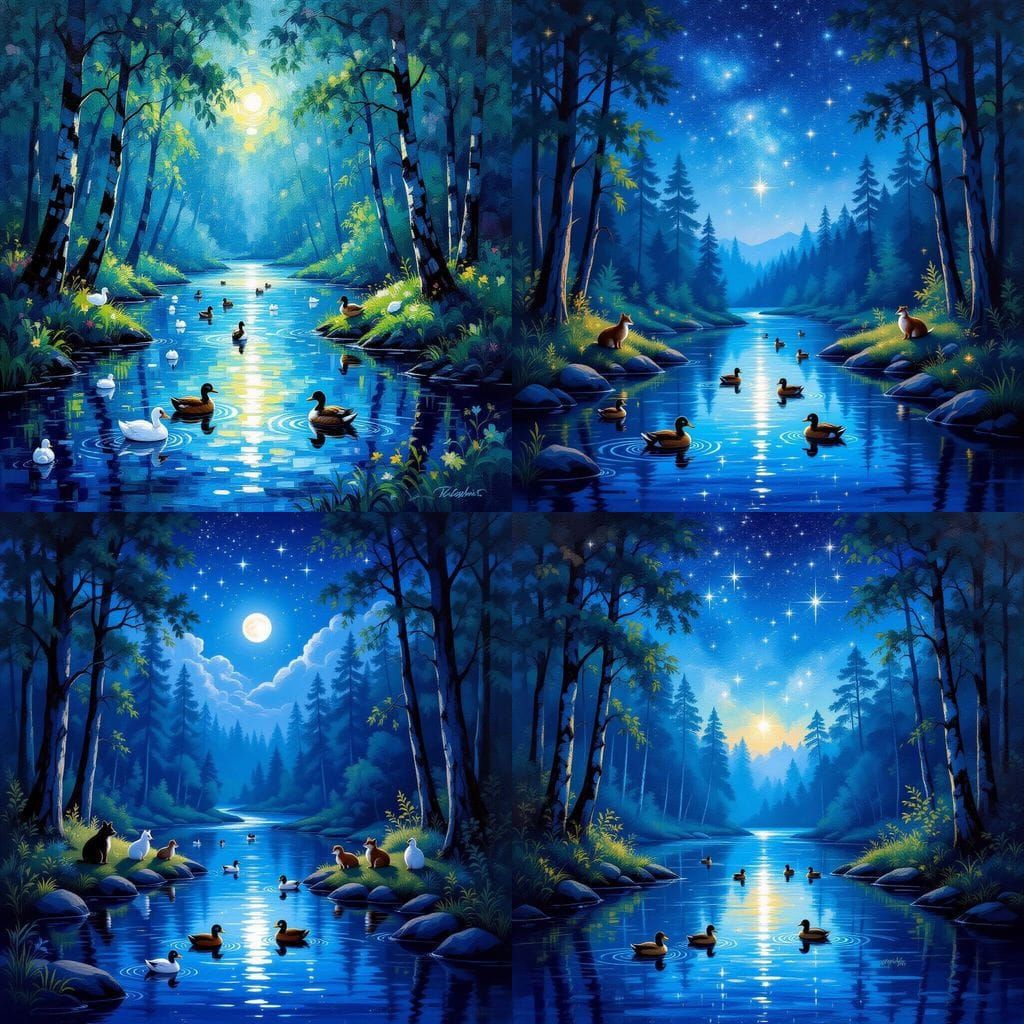 Enchanting Forest River Scene with Animals and Stars in Goua...