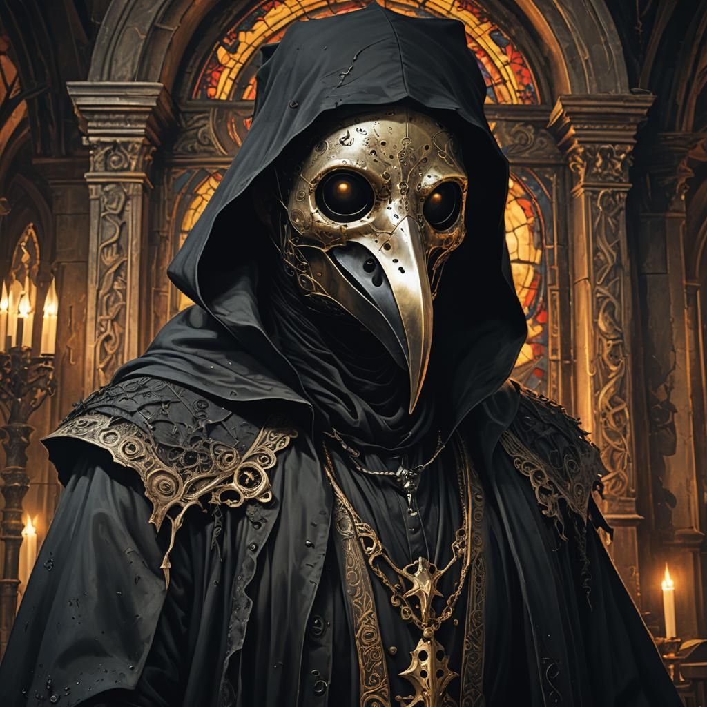Grim Plague Doctor Portrait in Abandoned Church