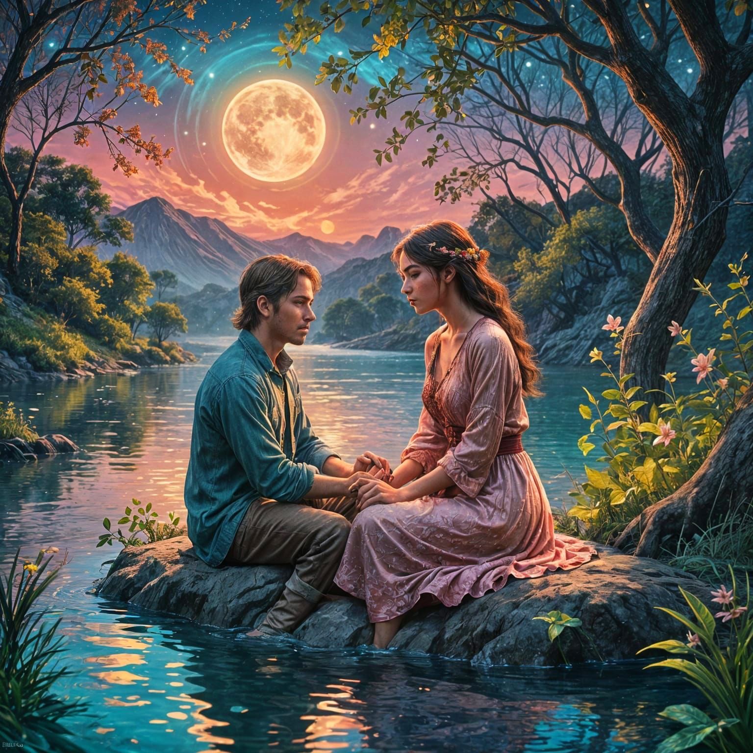 Romantic Couple Under Moonlight: A Detailed Matte Painting