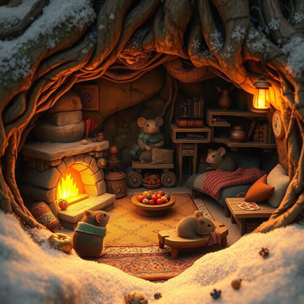Cosy Earthy Mouse Burrow on a Winter's Night