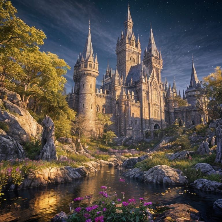 Gothic Castle Amidst Crystal Fantasy Realm