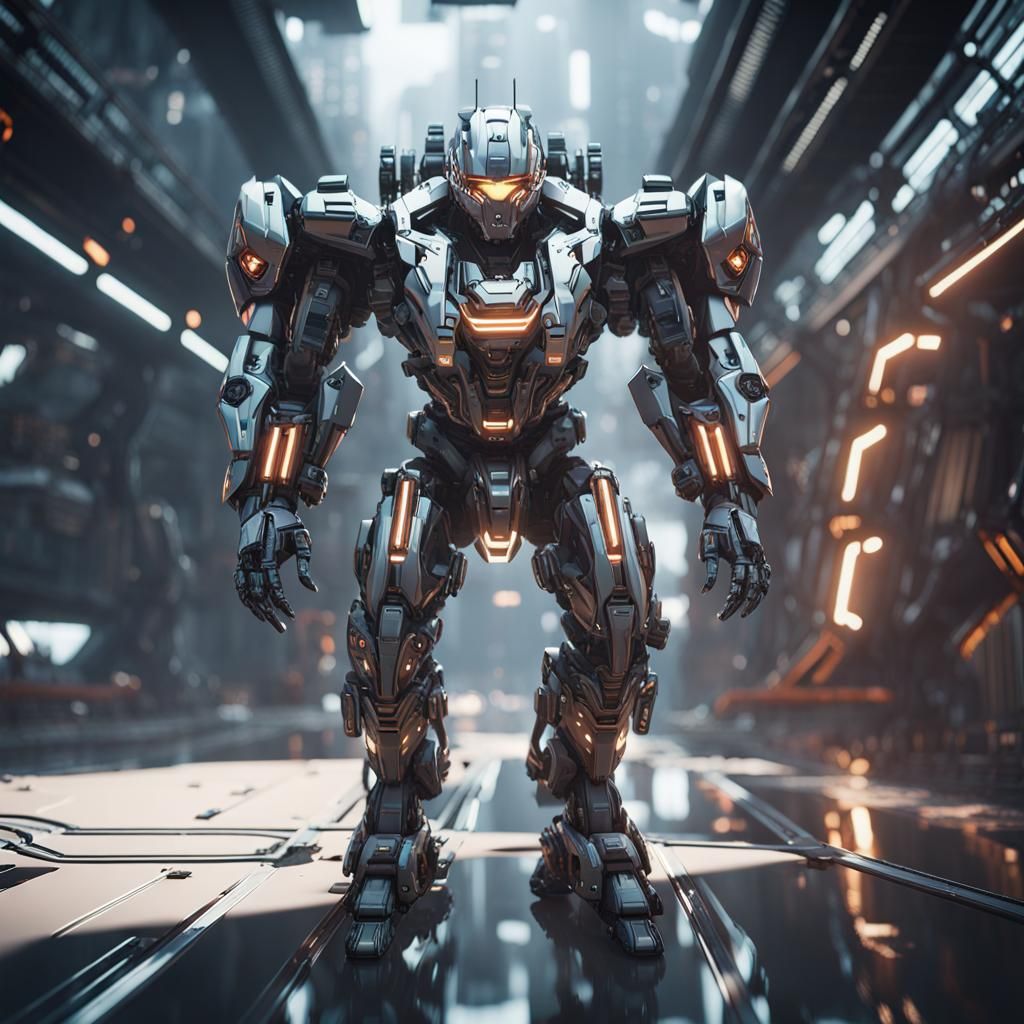 Man Driving Mech Suit in Futuristic Sci-Fi Style
