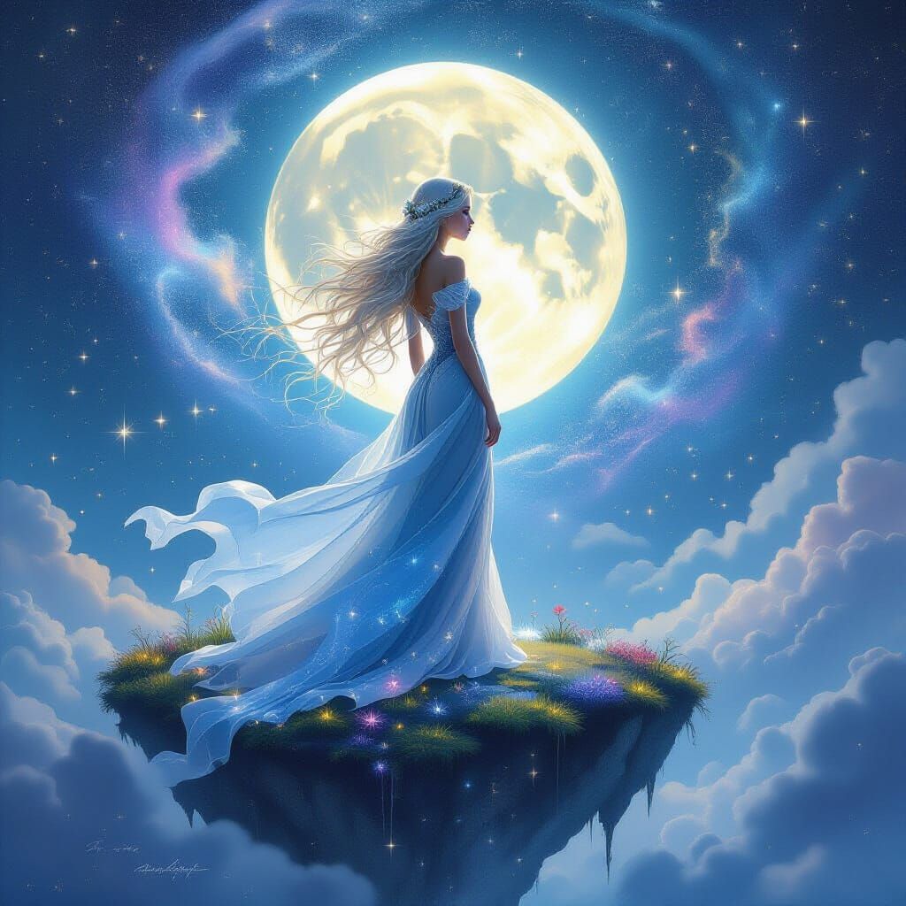 Ethereal Woman on Floating Island in Cosmic Nebula