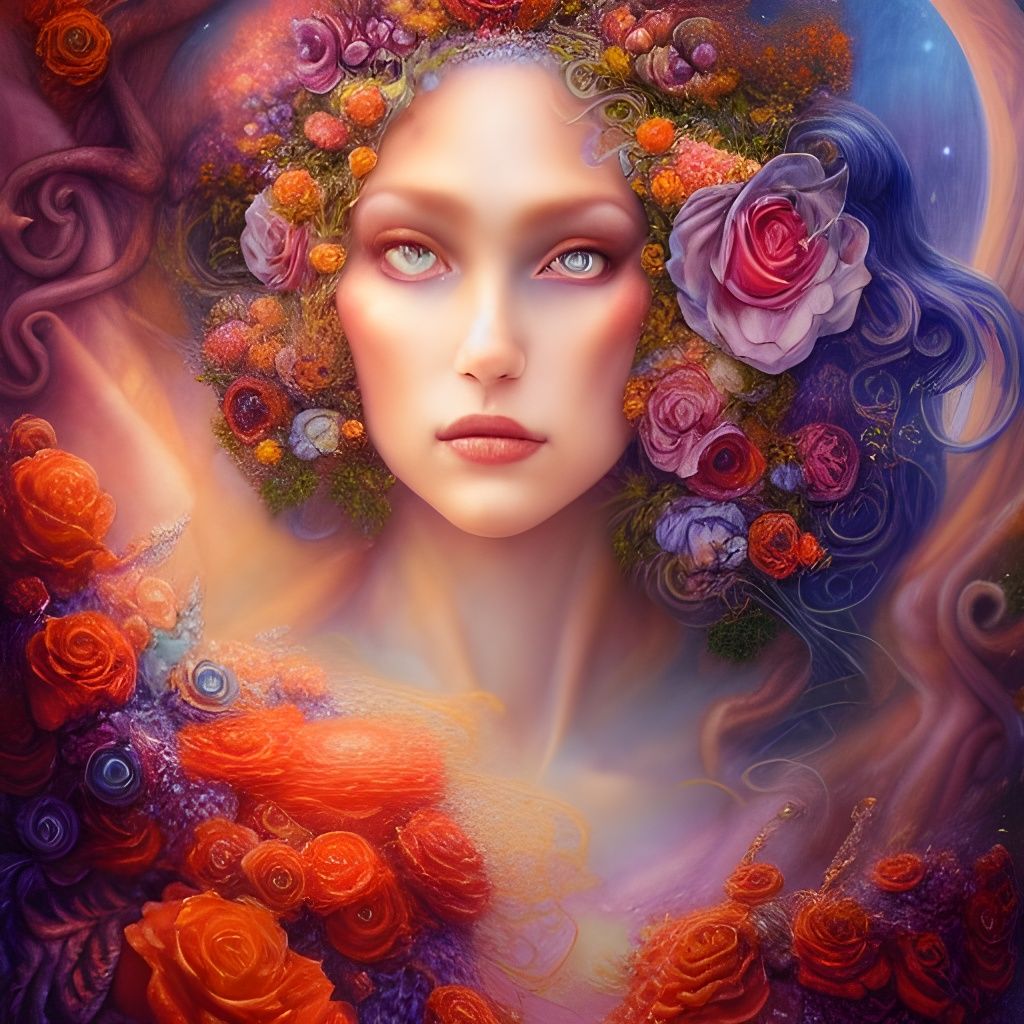 Ethereal Coral Queen Portrait in Acrylic Style