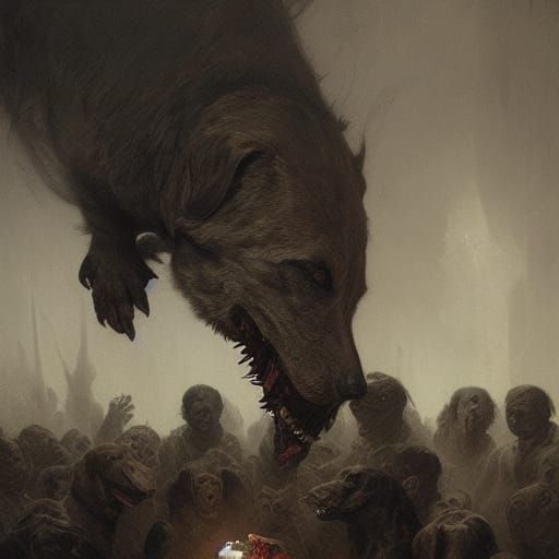 Horrific Scene of Man Eating Dogs in Doré Style