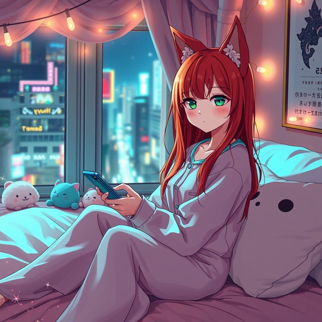 Dreamy Japanese Cat Ears Woman in Pastel Bedroom