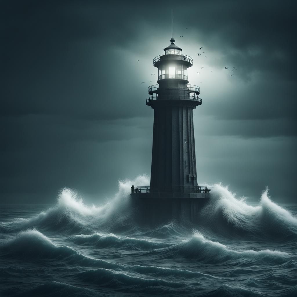 Dystopian Lighthouse in Stormy Ocean