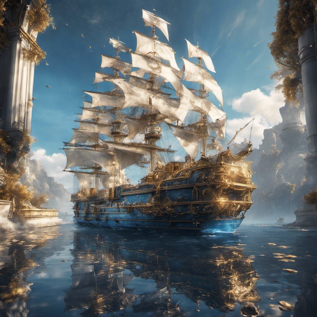 Elegant White Gold and Blue Spaceship in Matte Painting