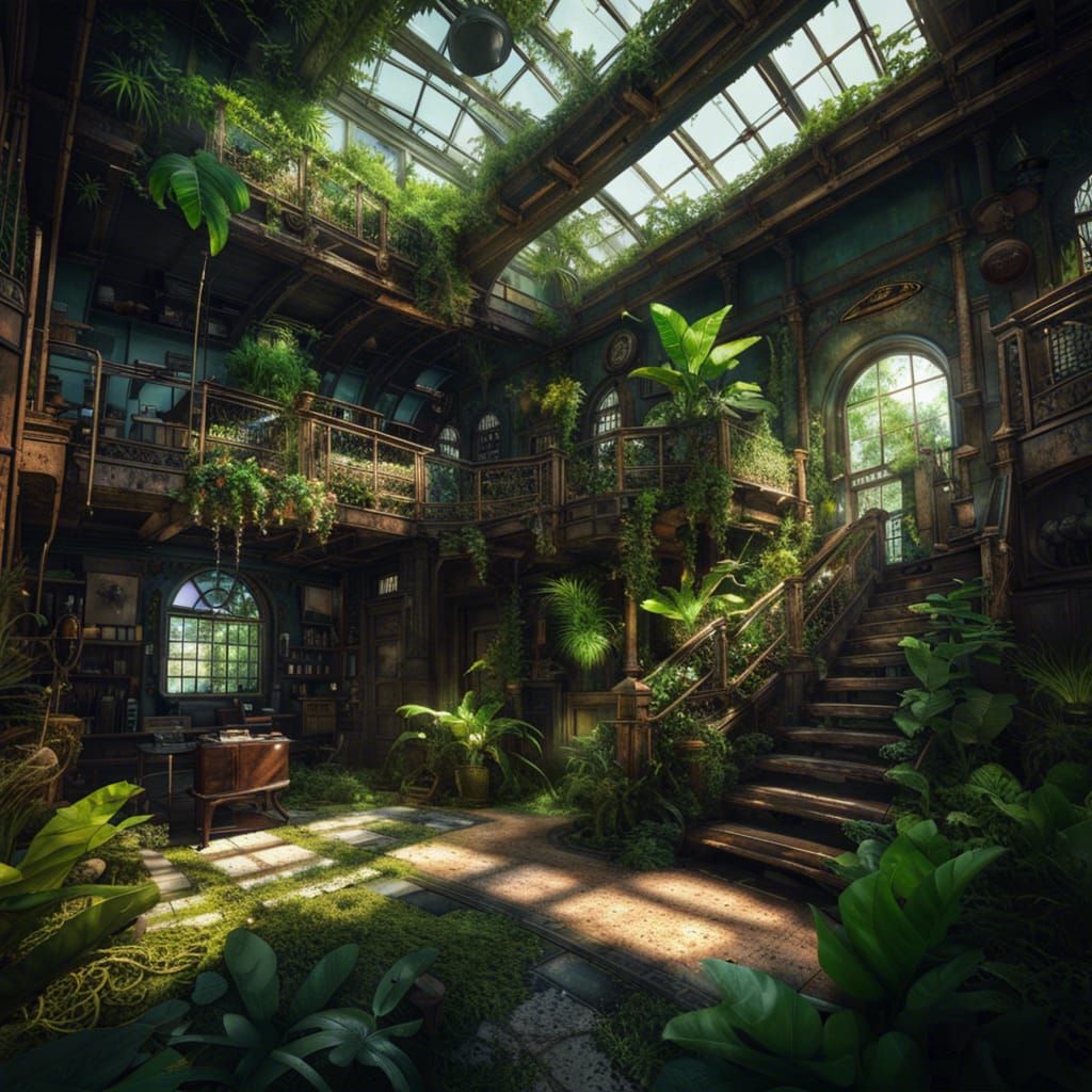 Abandoned Steampunk Museum Overgrown with Tropical Plants
