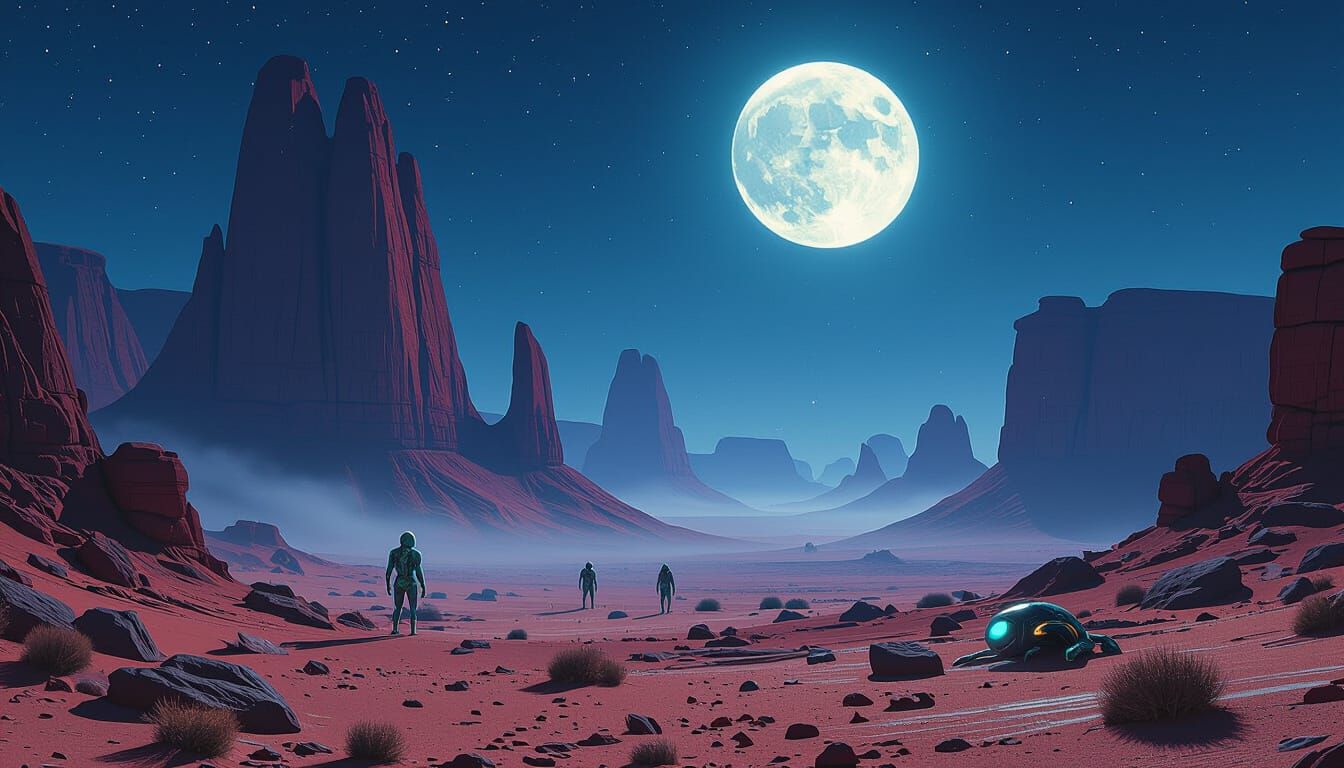 Surreal Desert Landscape with Alien Creatures in Moonlight
