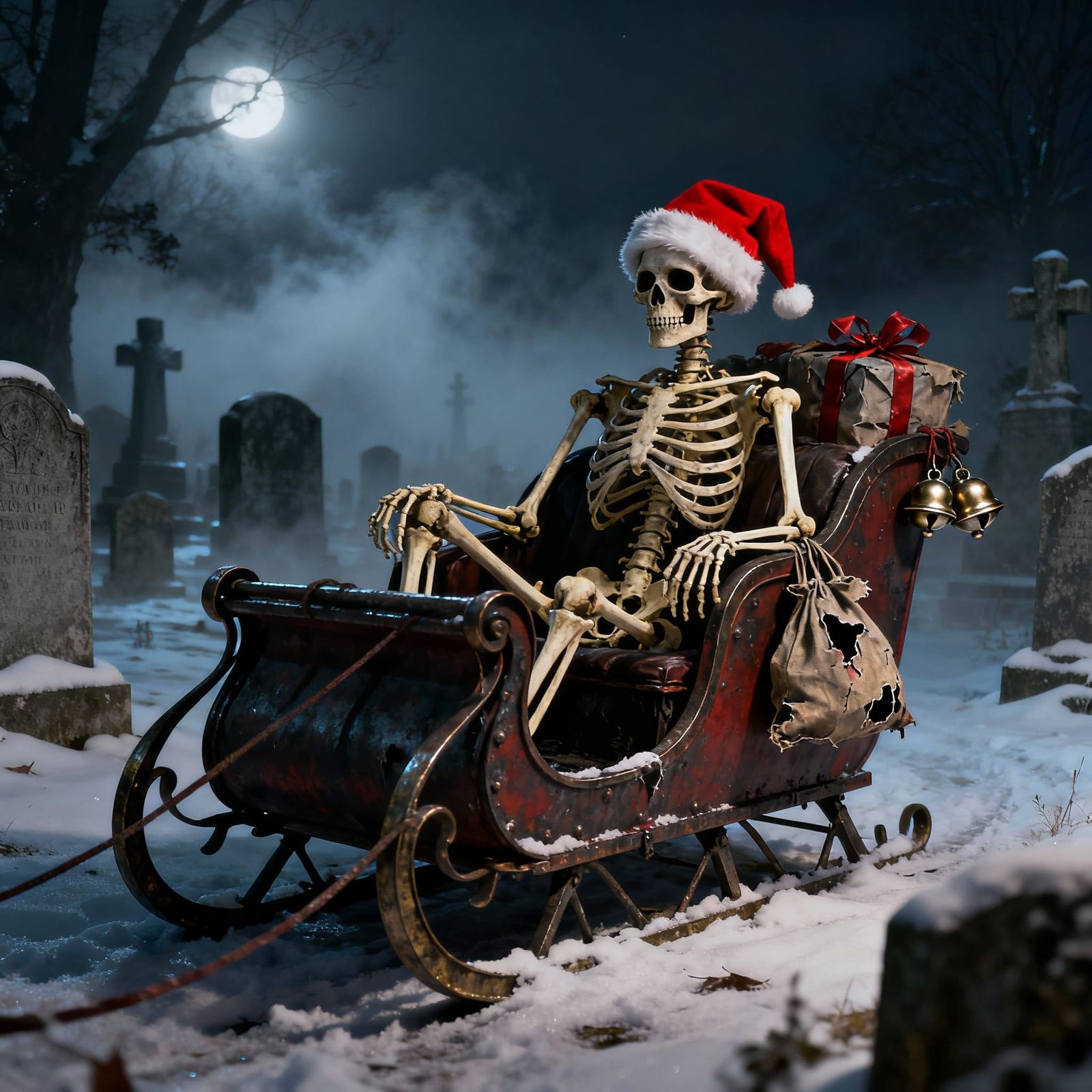 Skeleton Takes Break in Santa's Sleigh in Graveyard